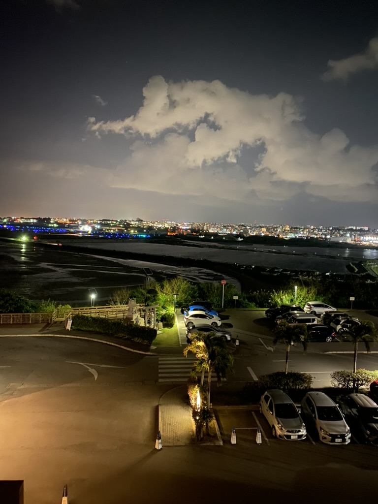 お部屋から眺めた夜景。海の向こうに那覇の街あかり